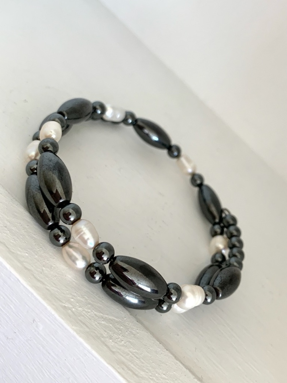 Hematite and pearl beads memory wire wrap bracelet